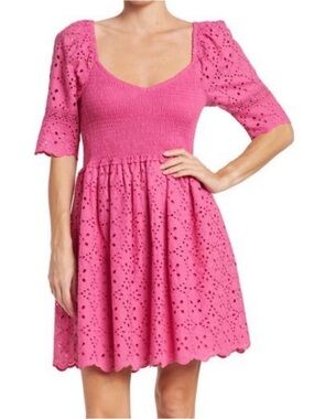 L NWOT Betsey Johnson Eyelet Puff Sleeve Smocked Mini Dress Size S
